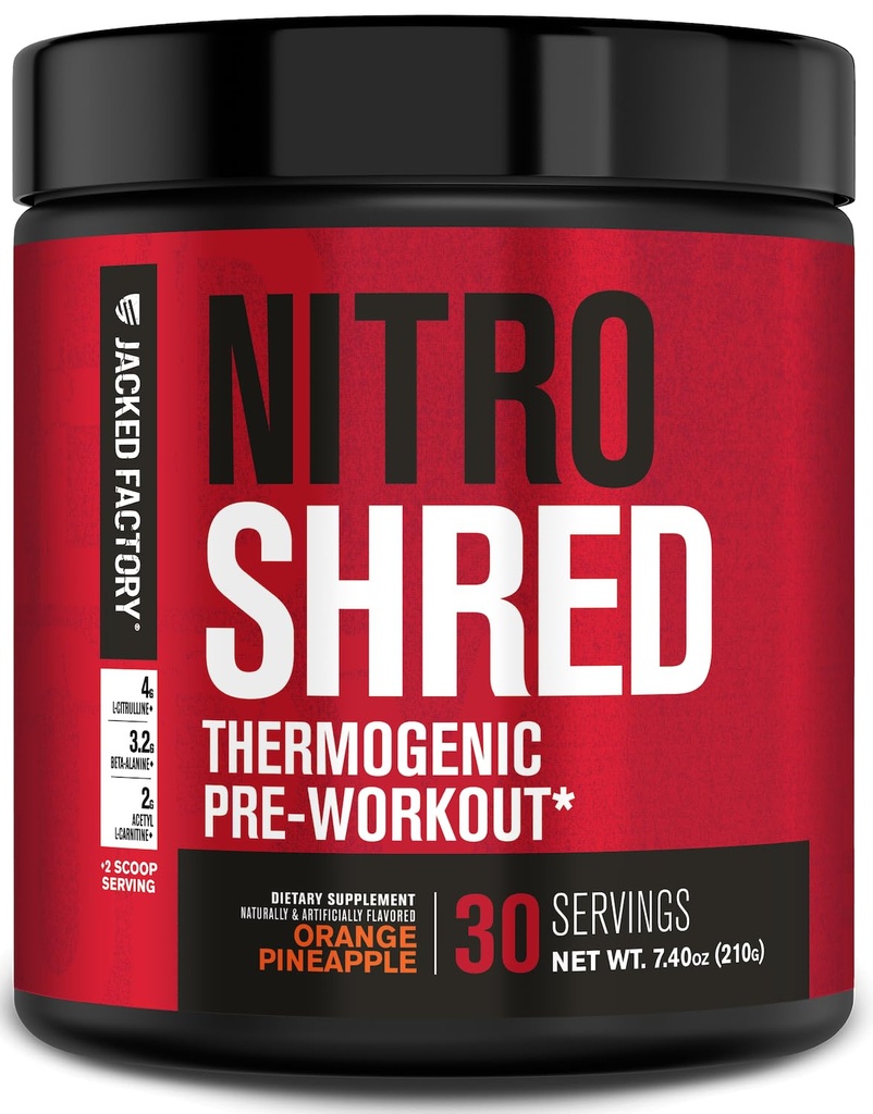 Jacked Factory NITROSURGE Shred Pre 운동 보충교재 - 에너지 부스터, 즉시 힘 이익, 샤프 초점, 강력한 펌프 - Nitric 산화물 부스터 & PreWorkout 분말 - 30Sv, 오렌지 파인애플