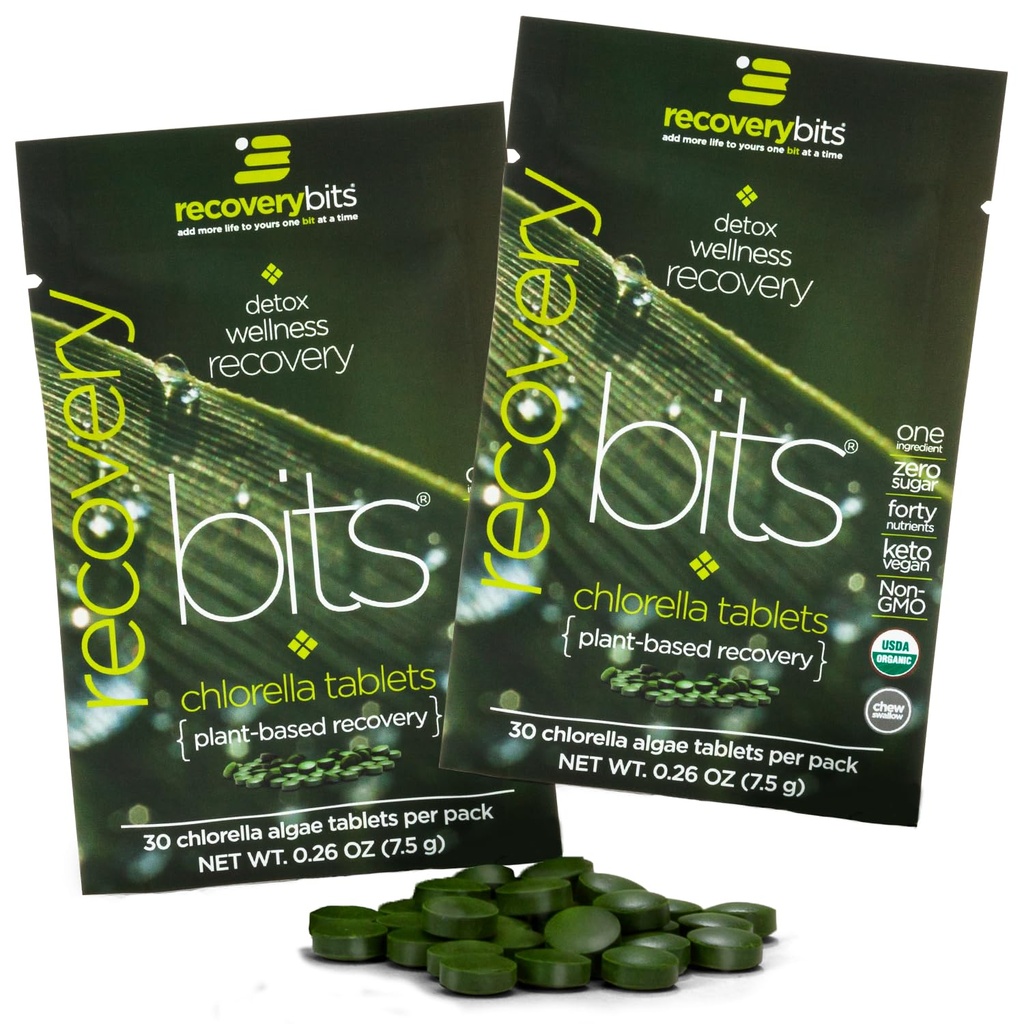 RECOVERYbits 유기 Chlorella 조류 정제, 슈퍼 푸드, 순수한 녹색 조류, 높은 단백질 및 섬유, Chlorophyll, 금된 세포 벽 비 침식, Immune Boosting 및 Detox, 비 GMO, 60 정제