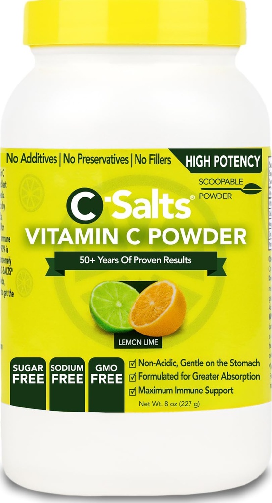C-Salts 비타민 C 분말 보충교재 - 100% Immune 지원을 위한 순수한 높은 복용량 버퍼레이트 비타민 C 분말 - 유기, 설탕 자유로운, Vegan, 비 GMO, Stomach-Friendly, 레몬 Lime 8oz