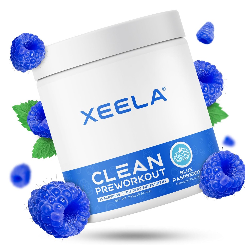 XEELA Pre 운동 분말 - 깨끗하고 테스트 - 지터 무료, 안전하고 자연 - Thermogenic 에너지, 초점 및 지구력 w/Creatine, 유기 카페인 및 식물 기반 시트 (블루 라즈베리)