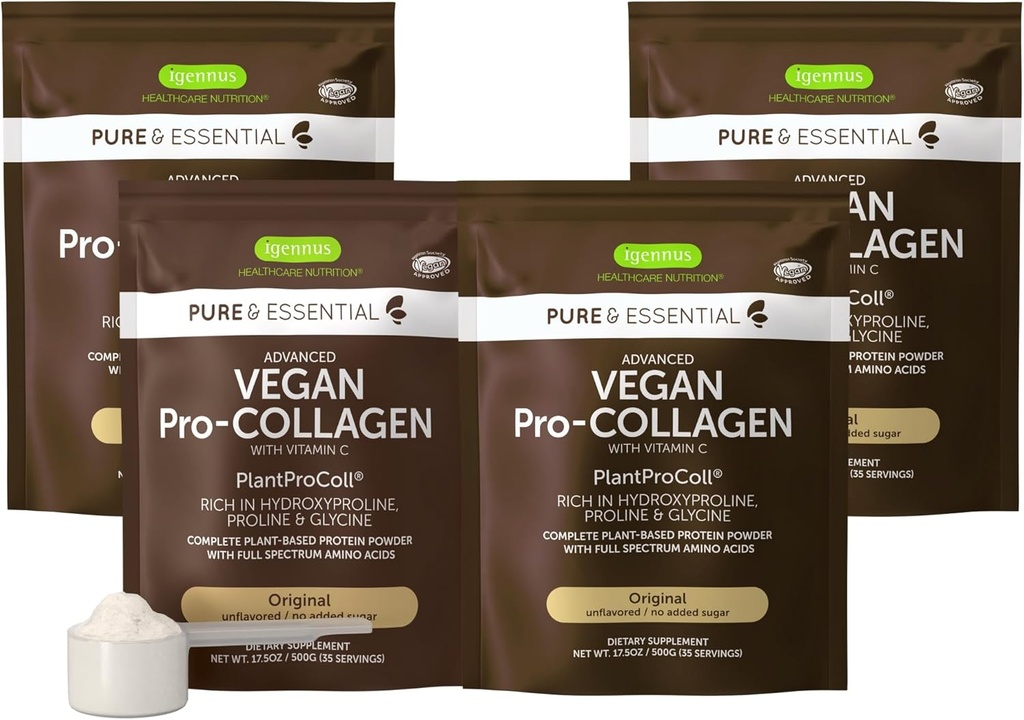 Igennus Vegan 교원질 펩티드 분말은, 글리신으로 강화해, Proline & Hydroxyproline & Cofactor 비타민 C, 비 GMO, 완전한 채식 식물에 근거한 교원질 분말 승압기, 4 x 35 서빙합니다