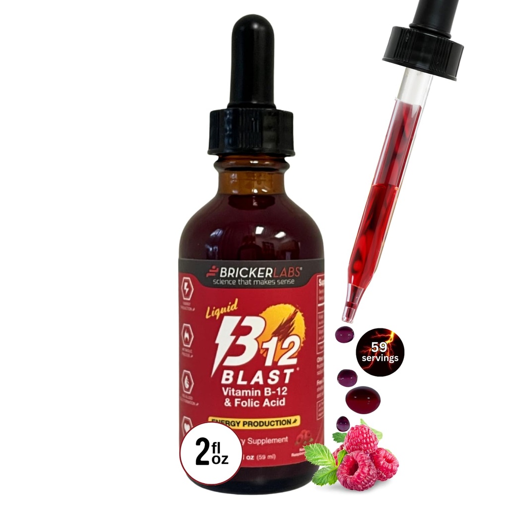 Bricker Labs B-12 폭발 액체 비타민 B12 및 Folic 산 보충교재, 지원 에너지 생산, 자연적인 나무 딸기 풍미에 있는 중대한 Tasting 액체 비타민 B12 규정식 보충교재, 2개 fl oz 병