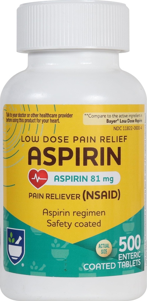 Rite Aid Aspirin Enteric Tablets - 81 mg Aspirin - 500 카운트 - 두통 구호를위한 낮은 복용량 - 안전 코팅 - Aspirin Regimen - 편두통 약 - 통증 완화
