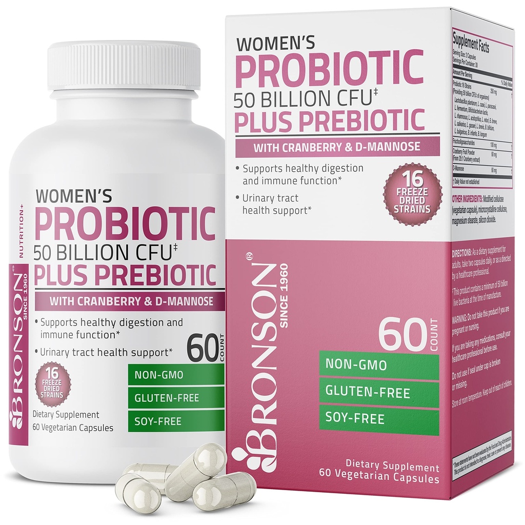 Bronson 여자의 Probiotic 50 억 CFU + Cranberry & D-Mannose와 Prebiotic - 질 건강, 건강한 소화, 면역 기능 및 Urinary Tract 지원, 비 GMO, 60 채식 캡슐