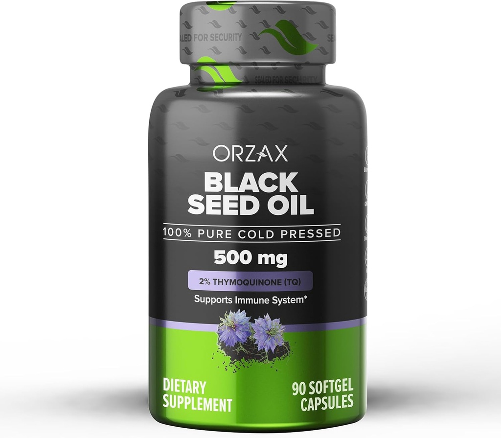 ORZAX 블랙 씨 오일 콜드 프레스 100 % 순수 | Non-GMO - 오메가 3 6 9 & Thymoquinone에 풍부한 | Immune 지원, 헤어, 피부, 얼굴 (500 mg - 90 Softgel 캡슐)에 대한 블랙 Cumin Nigella Sativa 오일