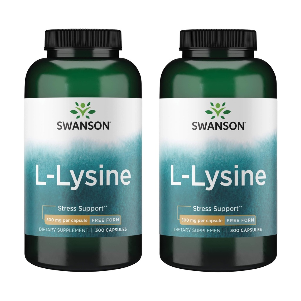 Swanson Free Form L-Lysine - 스트레스 지원 및 신경 시스템 건강 증진 - Calm Mood & Relaxation을 홍보 할 수 있습니다 - (300 캡슐, 500mg 각각) 2 팩