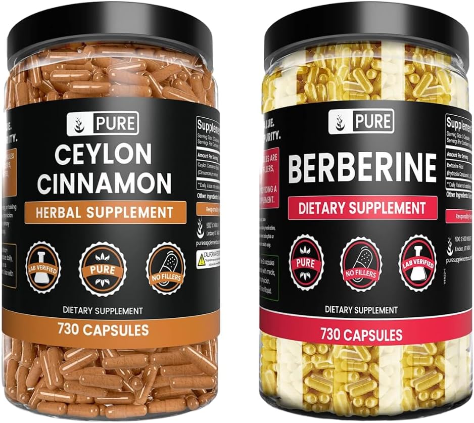 PURE ORIGINAL INGREDIENTS Ceylon Cinnamon 및 Berberine 캡슐 번들 (730 캡슐 각각) 마그네슘 또는 쌀 필러 없음, 실험실 검증