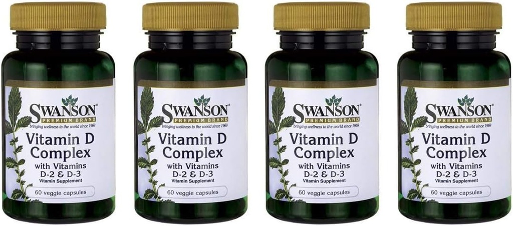 Swanson Vitamin D Complex 비타민 D2 & D3 - 뼈, 치과 및 면역 건강을위한 완벽한 선샤인 비타민 복합체 - 비타민 보충 (50 mcg, 60 Veggie 캡슐) 4 팩