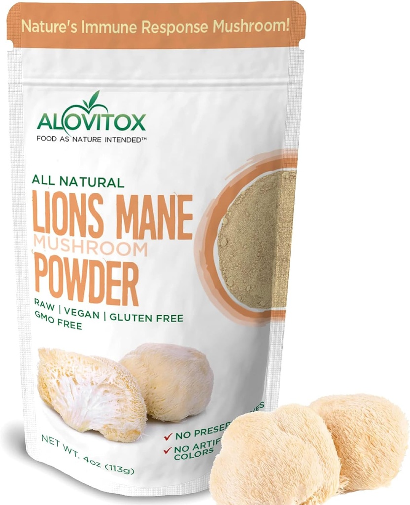 Alovitox Organic Lion's Mane Mushroom Powder | 뇌, 에너지 및 면역 건강을위한 천연 슈퍼 푸드, 신경 지원, GI 보호, 심혈관 이점 | 비 GMO, 비건, 글루텐 프리 | 4 oz