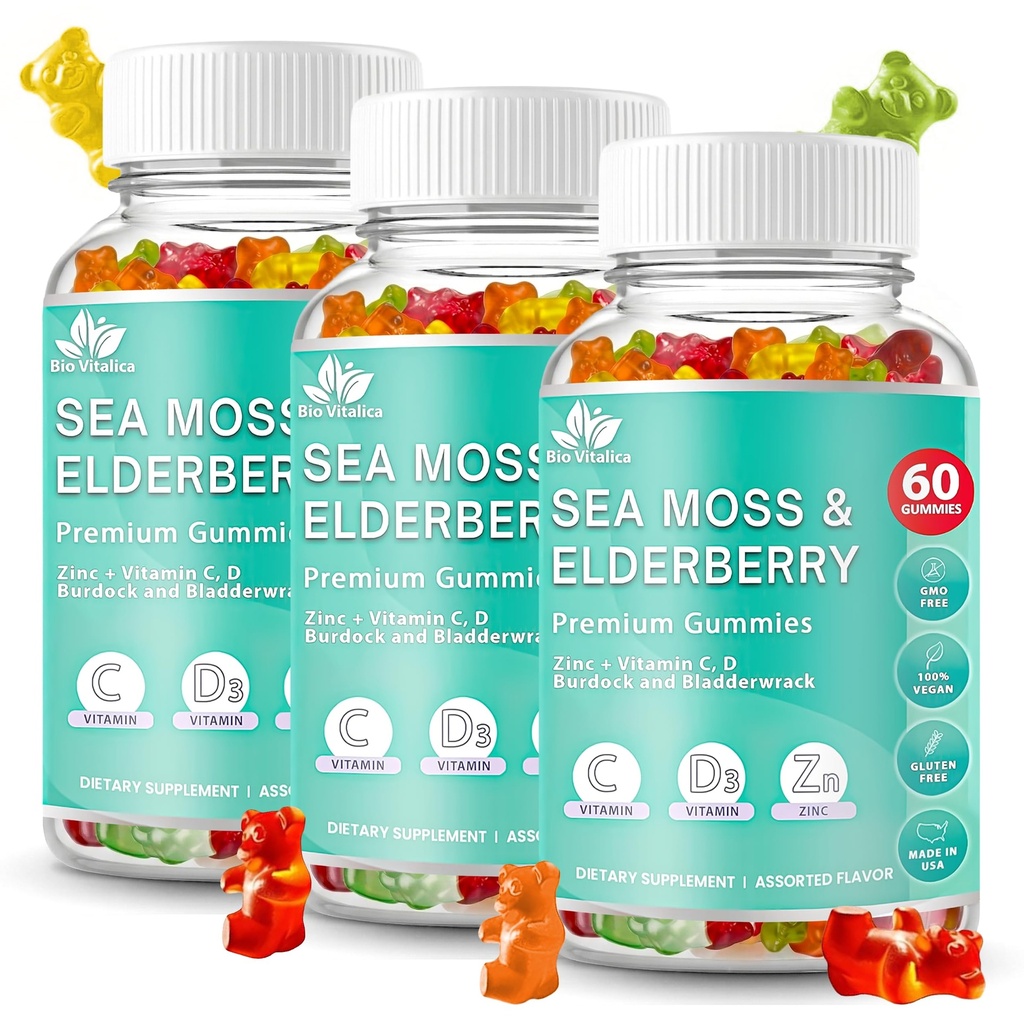 BIO VITALICA Sea Moss Gummies Elderberry BioVitalica - 비타민 C D + 아연 - 아일랜드어 Seamoss Vegan Gummy with Sea Moss Gel & Immunity, Detox - 성인 및 어린이 (3Packs)