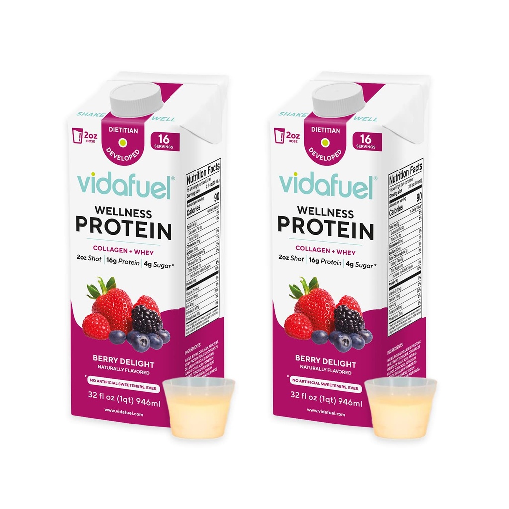 Vidafuel 웰니스 단백질 음료, 2oz 탄 당 16g 단백질, 32 fl oz 판지, 2 팩, 베리, 교원질 및 Whey 음료, 인공 감미료 없음
