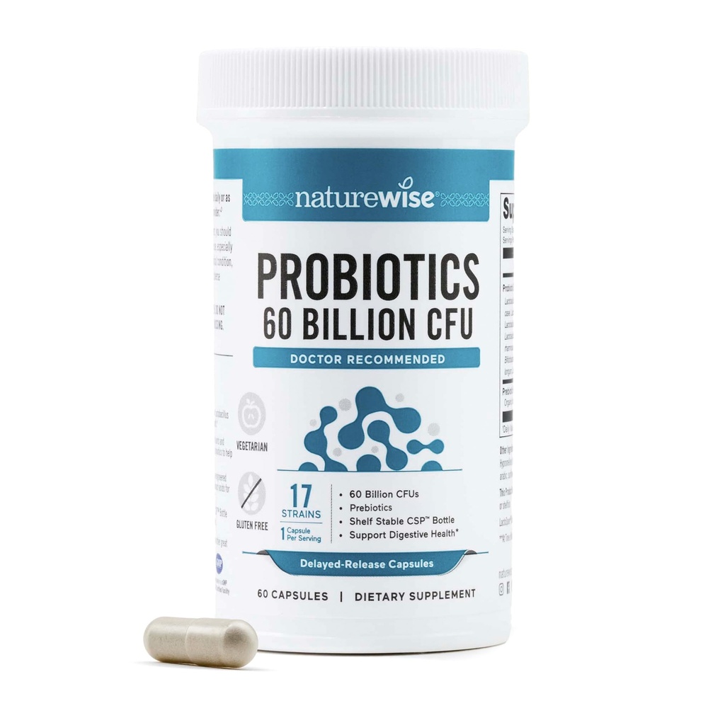 NatureWise Probiotics 60 Billion CFU - 17 Strains + 유기 Prebiotics - 여성 및 남성을위한 면역 및 Gut 건강 지원 - 채식주의, 글루텐 프리, 비 GMO - 60 캡슐 [2-달 공급]