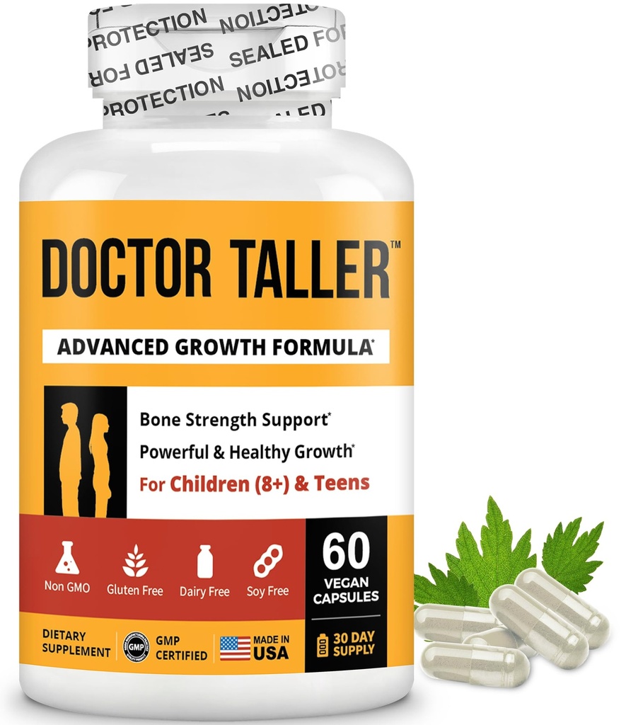 NuBest Doctor Taller - 뼈 강도 지원, 강화 면역 시스템 - 칼슘, 비타민 D3, 비타민 K2, 아미노산 및 허브 어린이 (8 +) - 60 Vegan 캡슐 | 1 개월 공급