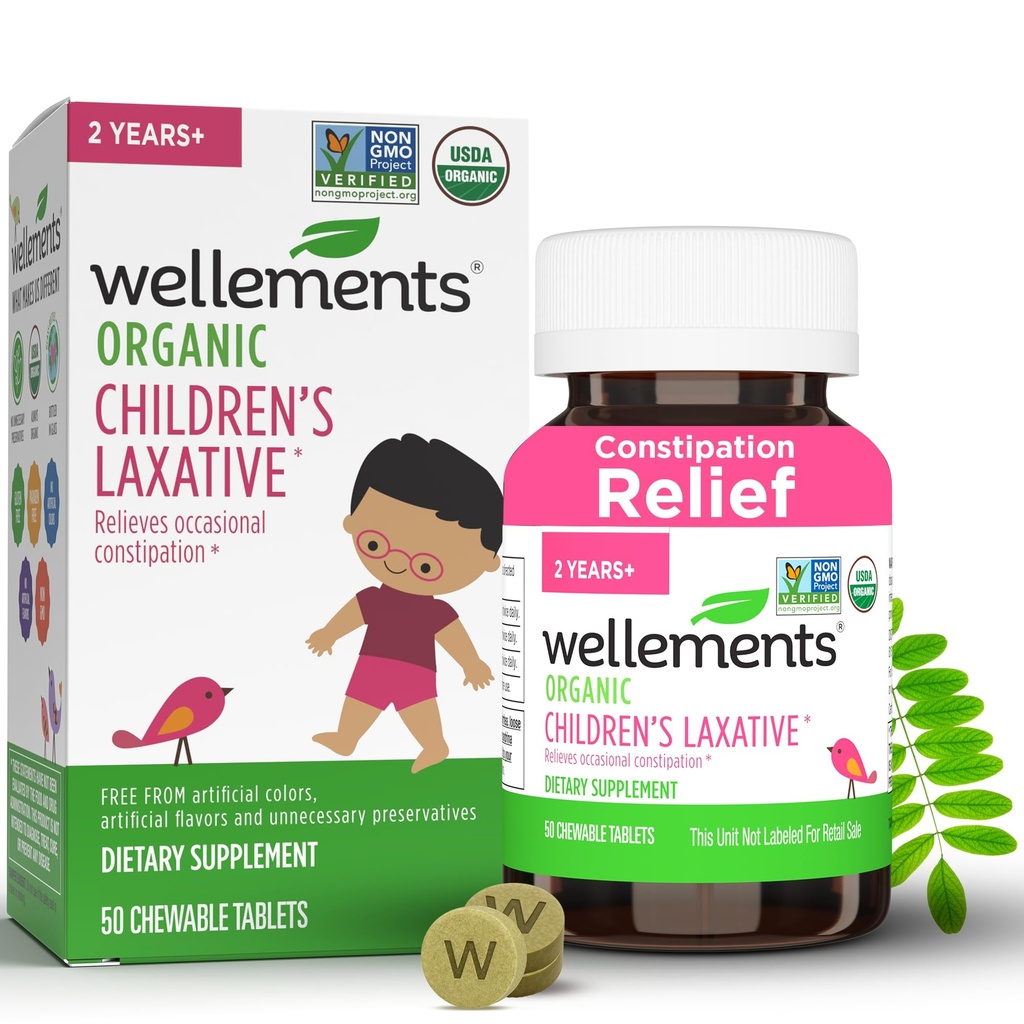 Wellements Organic Children's Laxatives for Constipation (50 Chewable Tablets)| 유기농 세나 태블릿 2 + 어린이| Non-GMO, USDA Organic, 글루텐 프리 | 변비에 대한 천연 라제트 *