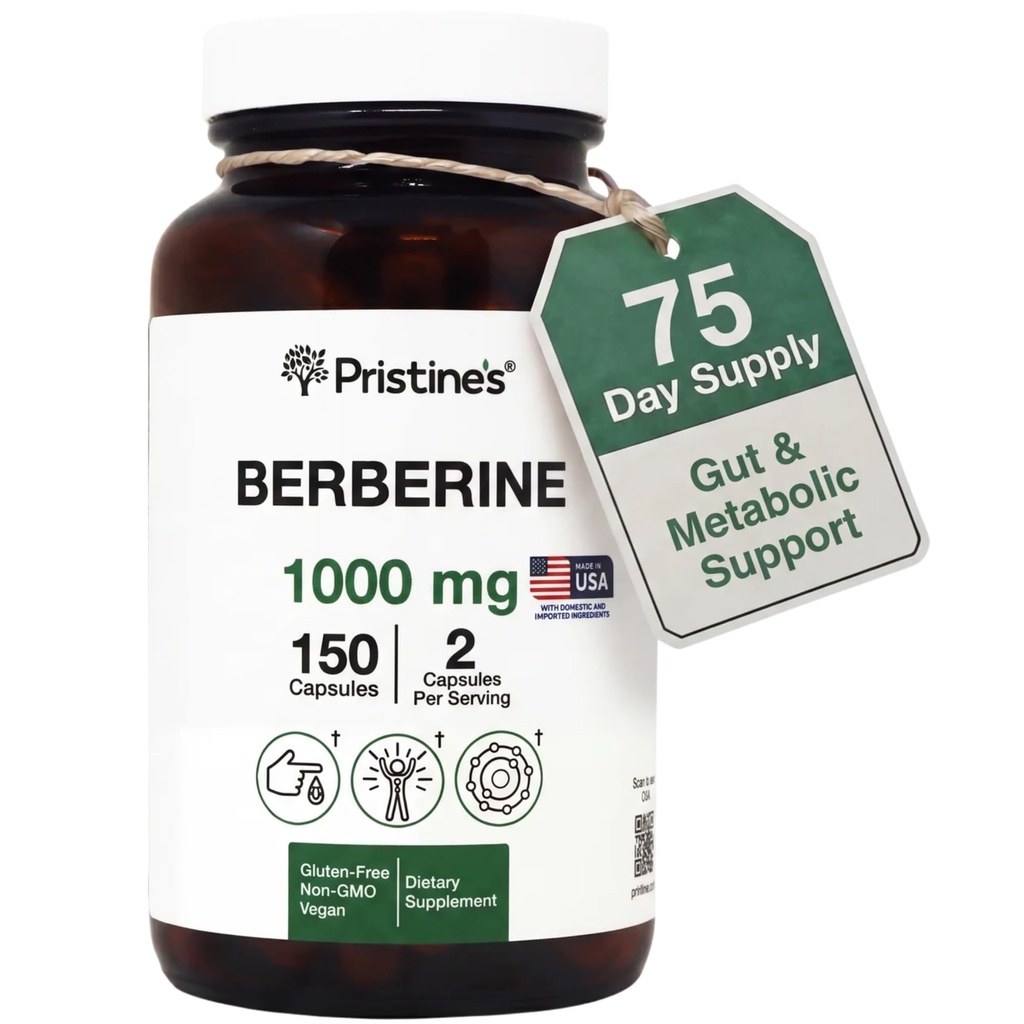 PRISTINE'S Berberine 보충 캡슐 - 1000 MG 75 일 공급 150 캡슐 - 심장, & Immunity 건강 지원 산화 방지제 - 소화 Tract & 건강한 Gut Flora 지원