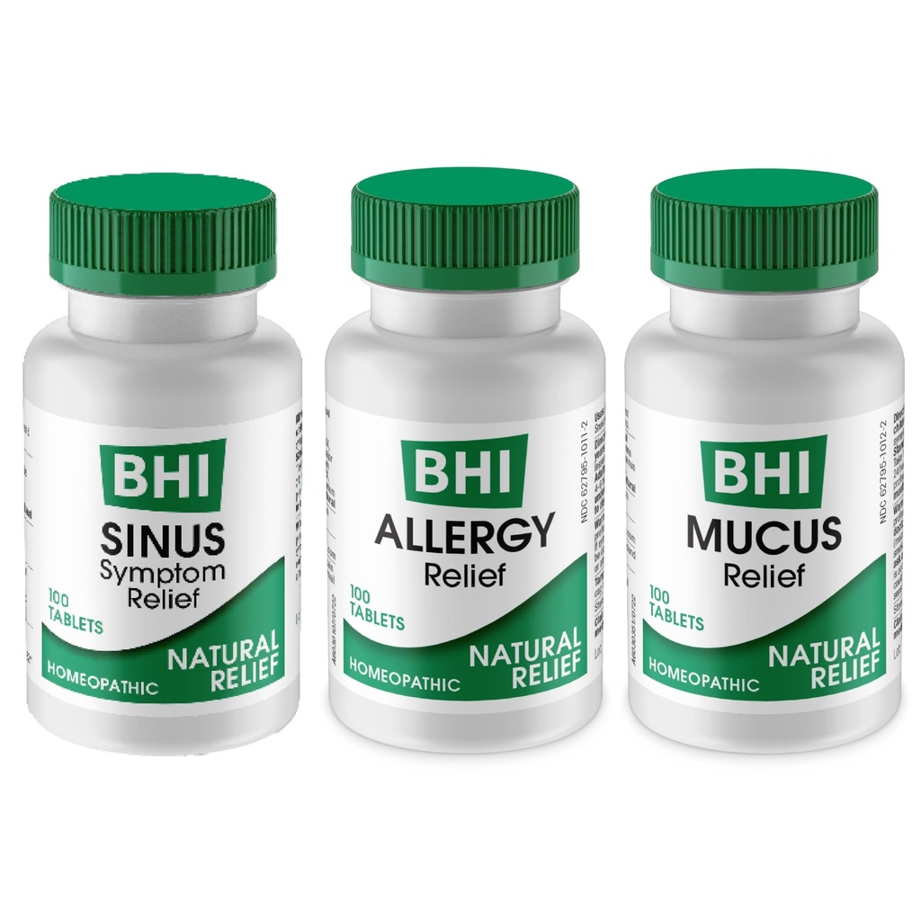 MediNatura BHI Multi Symptom Flare-Up Defense Bundle Sinus Relief Tablet (100) Mucus Relief Tablet (100) + 알레르기 릴리프 Tablet (100) Homeopathic Relief - 빠른 수정, 빠른 용해