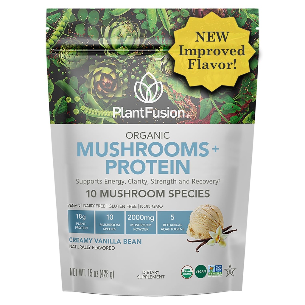 Plantfusion Mushroom Protein Powder - 1 Vegan Protein Powder, Mushroom Supplement 및 Adaptogen Supplement에서 3 - Mental Focus, Immunity 및 Recovery - 바닐라 1lb 지원