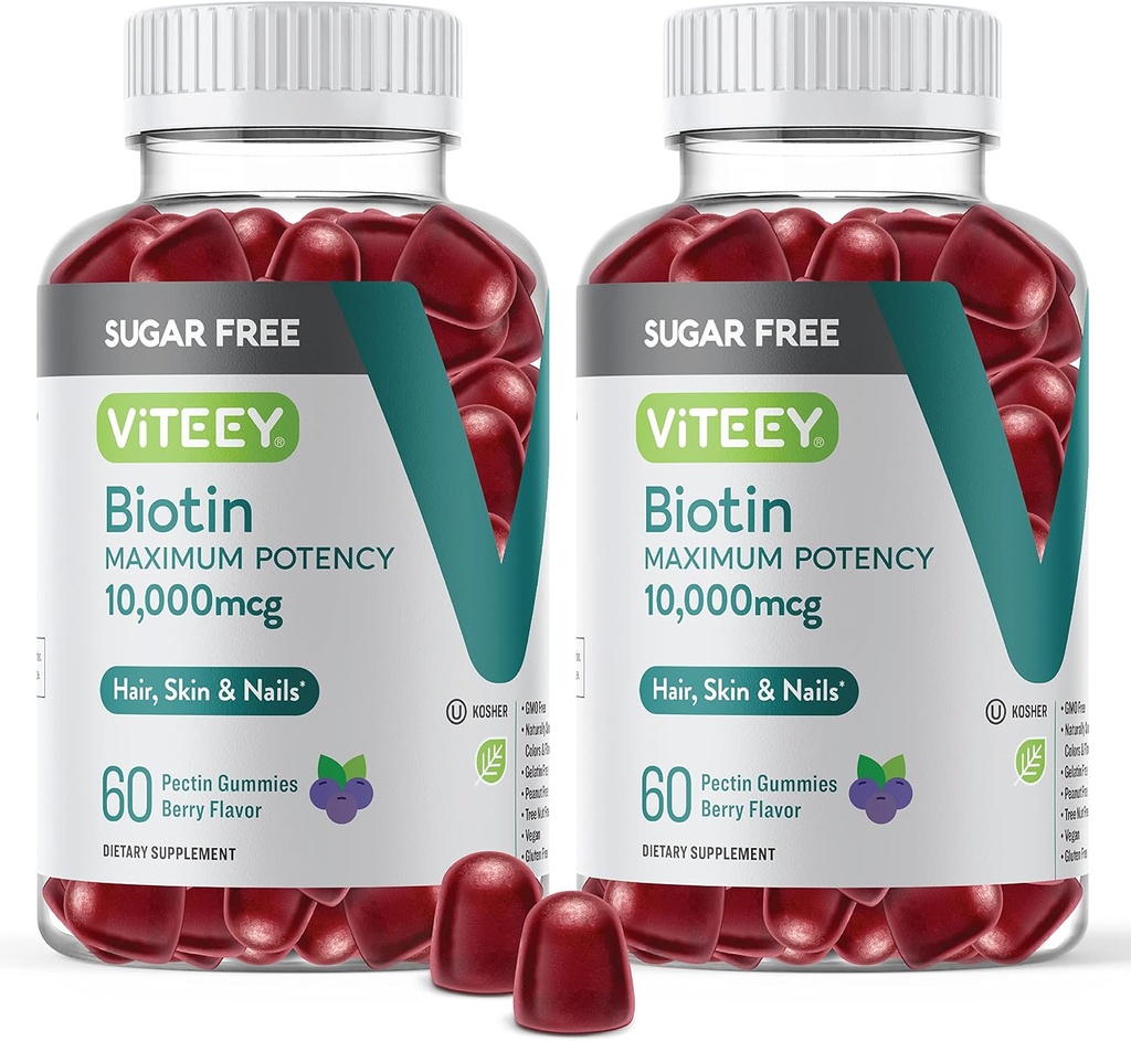 Viteey Biotin Gummies 모발, 피부, 손톱 10,000mcg - 설탕 무료 - 헤어 성장 Gummies, 건강한 피부 Glow, 강한 건강한 손톱 성장 - Vegan, 글루텐 무료, 젤라틴 무료 맛