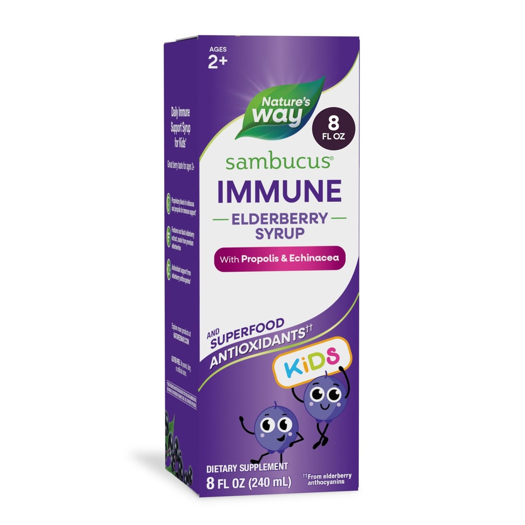 Nature's Way Sambucus Elderberry Immune Syrup for Kids Ages 2+, Echinacea & Propolis, Immune Support Syrup*, 채식주의, 베리 맛, 8 Fl Oz