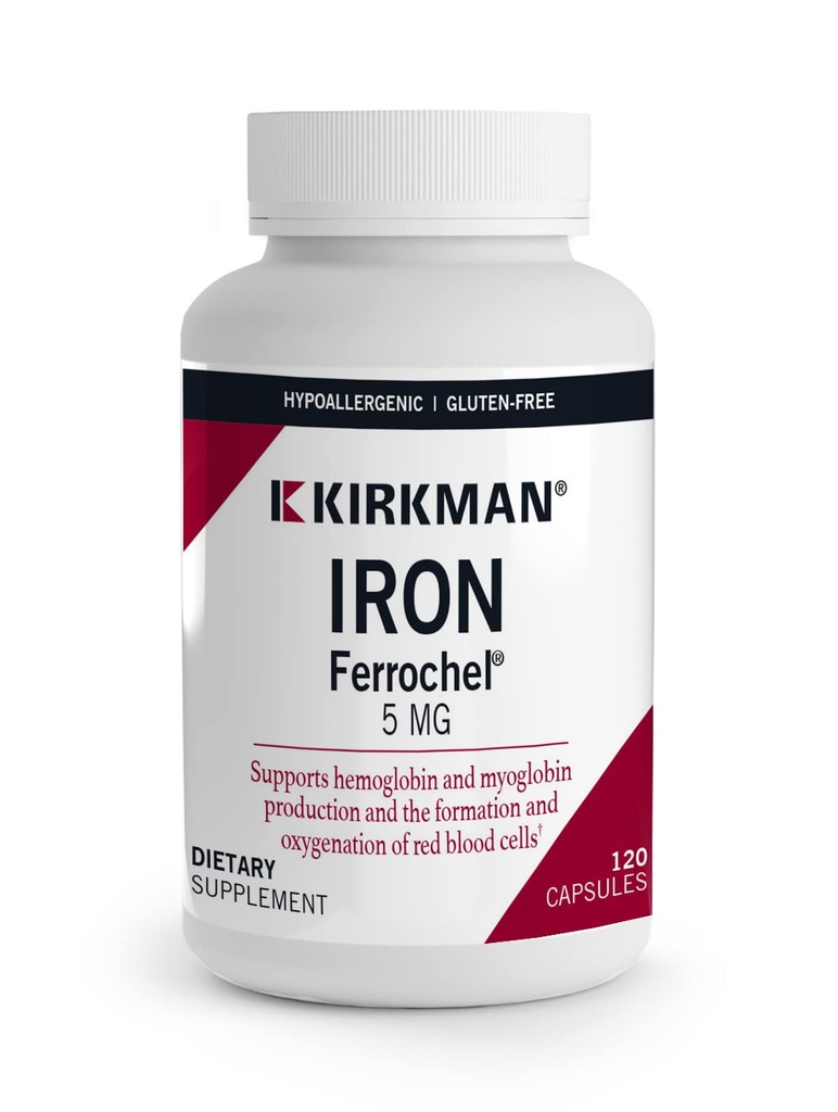 Kirkman - 철 Ferrochel 5mg - 120 캡슐 - Aids Hemoglobin & Myoglobin 생산 - Red Blood Cells Formation 지원 - Hypoallergenic