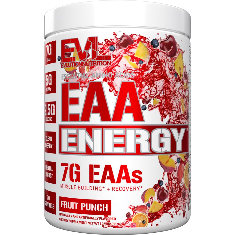 Evlution 영양 EAA 에너지 - 전 & 포스트 운동 분말 - 근육 건물 & 회복 보충교재 - 7g 정유 아미노산 + 5g BCAAs - 청결한 에너지 - 카페인과 - 30 봉사 - 과일 펀치
