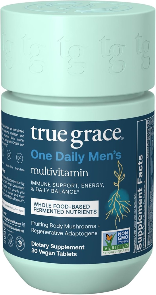 True Grace One Daily Men’s Multivitamin Fermented Minerals, 유기 Adaptogens & 버섯 전체 바디 밸런스 면역, 내구력, 뼈 & 심장 지원 - 비 GMO, 글루텐 무료 - 30 Vegan Tablets