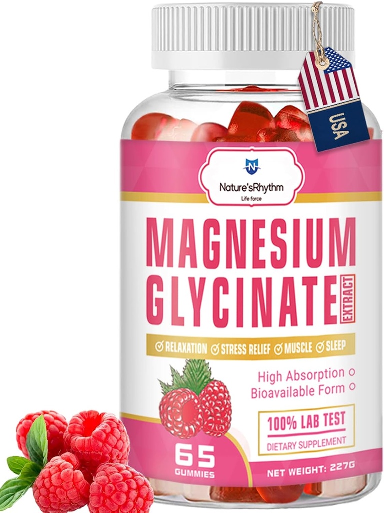 Nature 's Rhythm Magnesium Gummies 500mg - 65 Ct | 마그네슘 글리세린은 Relaxation, Stress Relief 및 Sleep for Adults & Kids Tasty 및 Tangy 라즈베리 맛을 보충합니다.