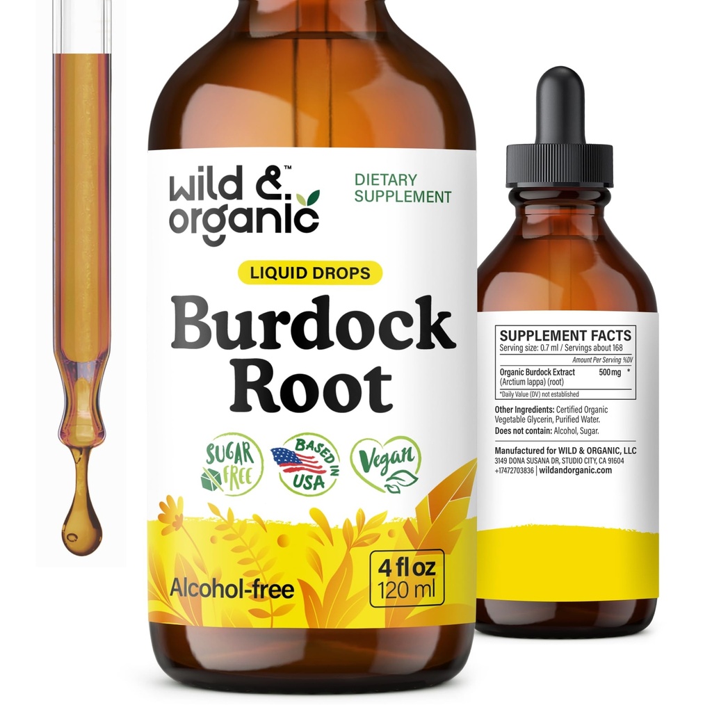 Wild & Organic Burdock Root Tincture - Antioxidant, Detox, Digestive Support - Burdock Root Herb Drops - Vegan, Sugar & Alcohol-Free - 4 fl oz의 액체 보충