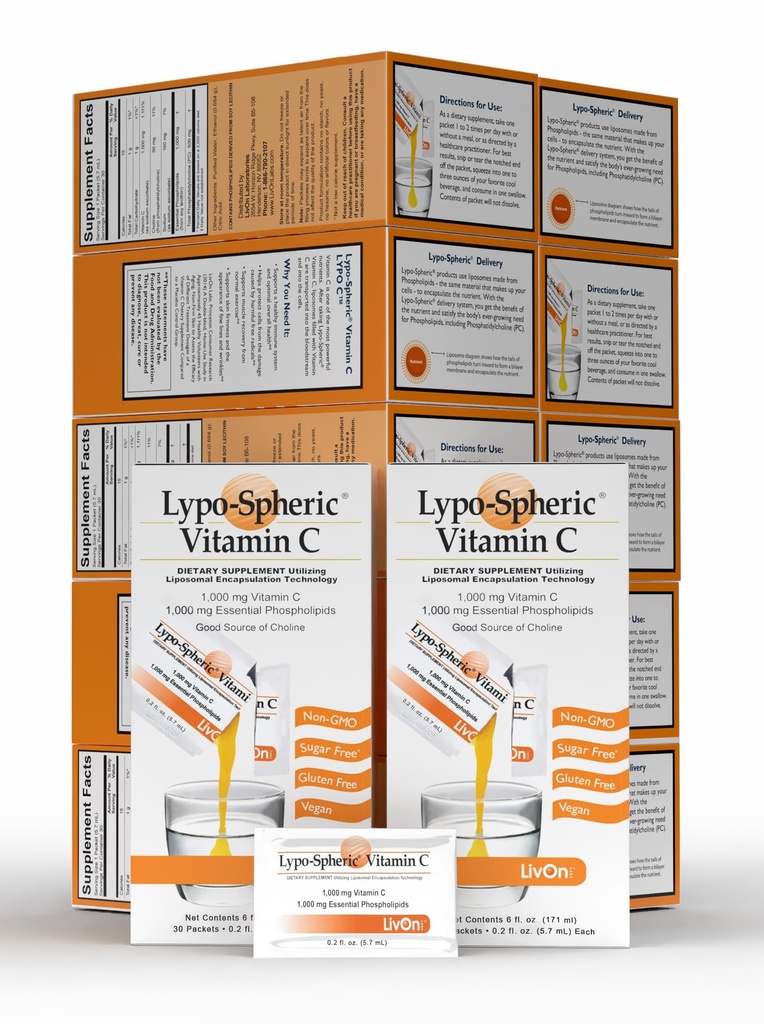 LivOn Laboratories Lypo-Spheric 비타민 C - 1,000 mg 비타민 C & 1,000 mg 팩렛 당 근본적인 Phospholipids – 개량된 흡수를 위해 캡슐화되는 Liposome – 비 GMO (12의 판지, 360의 소포)