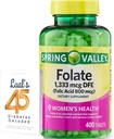 Folate 1,333 mcg. 봄 밸리 Folate 규정식 보충교재, 1,333 mcg DFE, 400 조사, 여자 임신을 위한 Folate 보충교재, Luall's 45 당뇨병을 가진 Folic 산 800 뭉치 암호로 고쳐 쓴