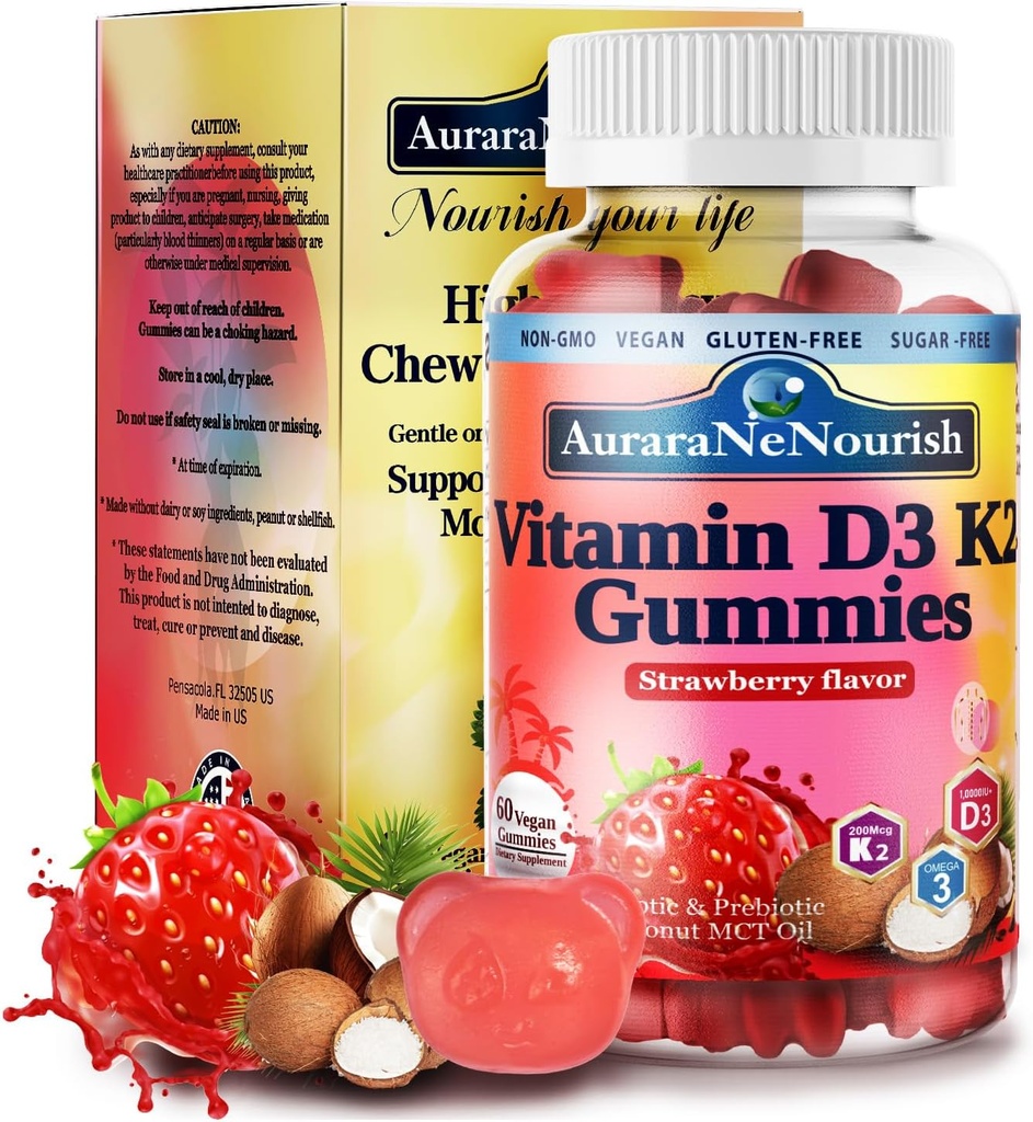 D3 K2 비타민 10000 IU의 설탕 자유로운 비타민 D3 K2 Gummies w. 직업 & 전, Chewable 비타민 D3와 K2 (MK-7)는 뼈, 이, 면역, 심장 & 소화 건강, 칼슘 흡수 丨 식물 기초를 두었습니다