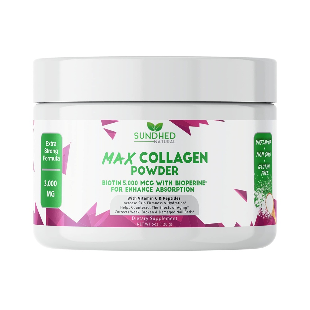 최대 교원질 플러스 C (30 일 공급) - Biotin & Bioperine를 가진 모든 자연적인 교원질 분말은 노화 방지 Hydration & 피부 견고를 밀어줍니다 - 500mg 비타민 C - 강화한 뼈 & 못