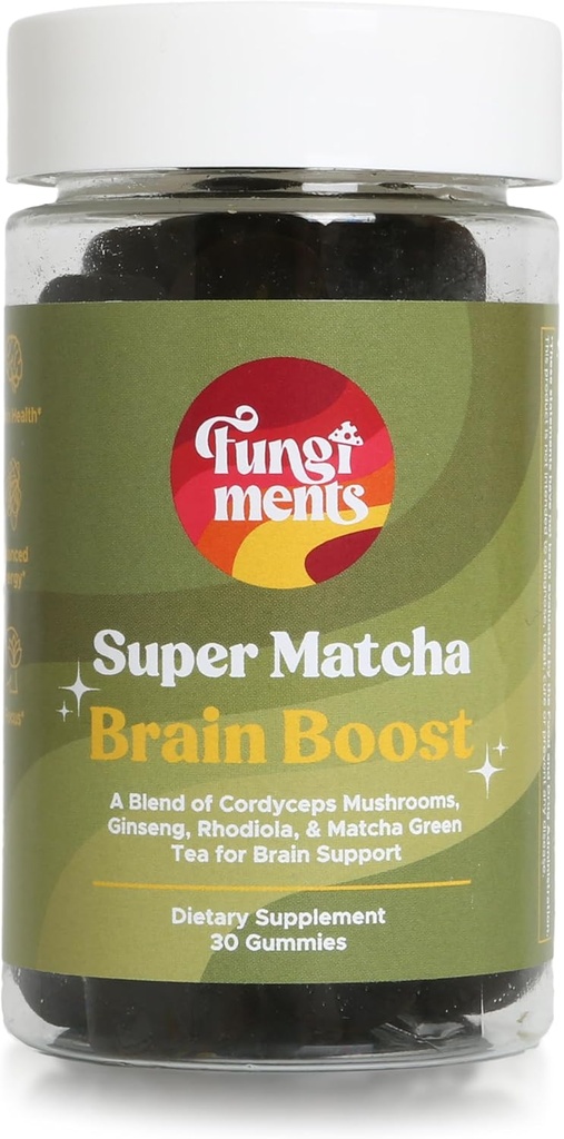 Fungiments Super Matcha - Cordyceps 버섯, 녹차 분말, 인삼, Rhodiola - 매일 에너지 및 지구력 (30 버섯 구미)