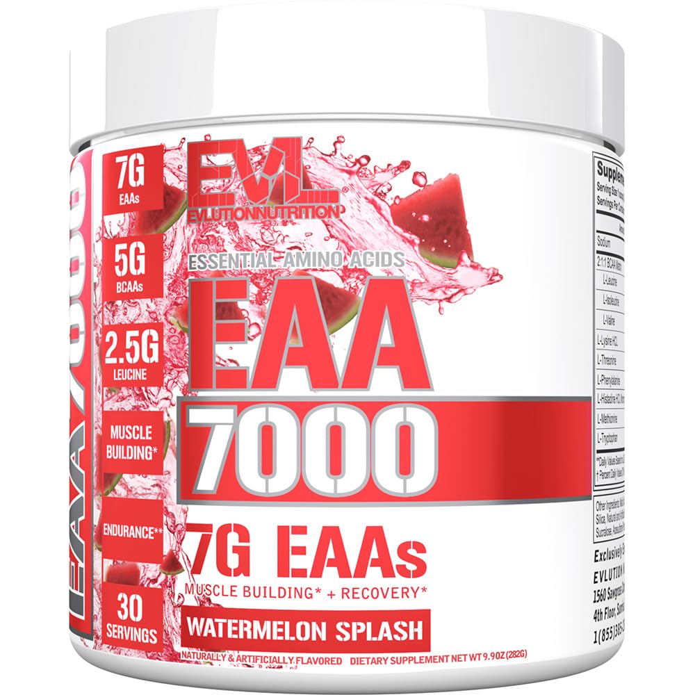 Evlution Nutrition EAA7000 - 사전 및 포스트 운동 분말 - 근육 건물 + 회복 보충교재 - 7g 필수 아미노산 + 5g BCAA - 내구 + 에너지 지원 - 30 서빙 - 수박 스플래시