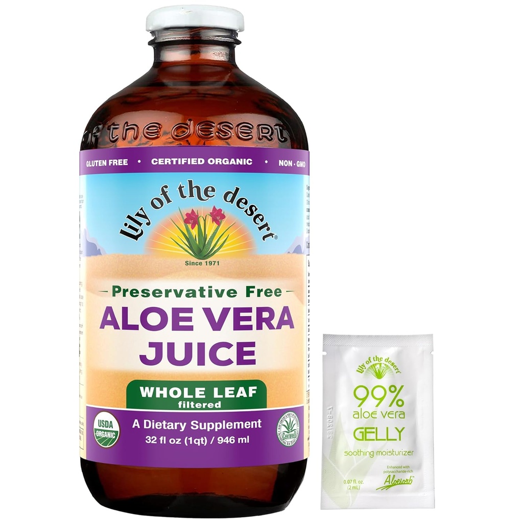 Lily Of The Desert Aloe Vera Juice, 보존 무료 - 천연 비타민과 함께 전체 잎 알로에 베라 음료, Gut Health, Stomach Relief, Wellness, Glowing Skin, Gelly Sachet 포함