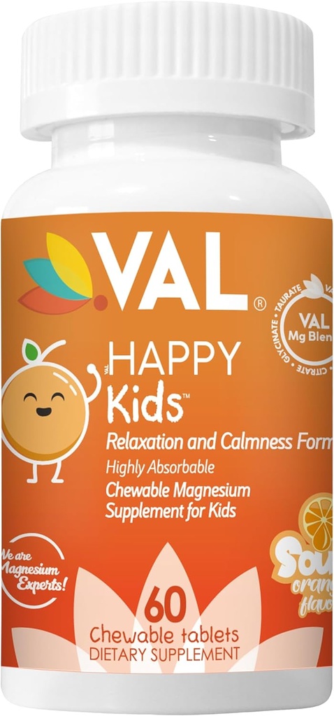 VAL Kids Magnesium | 캘름 + 포커스 포뮬러 | 100mg Mg (그리스, 시트레이트, 타우레이트) + B6, D3, C | 슈가프리, 비 GMO | 펀 치블릿 | 오렌지 맛 | 60 Ct