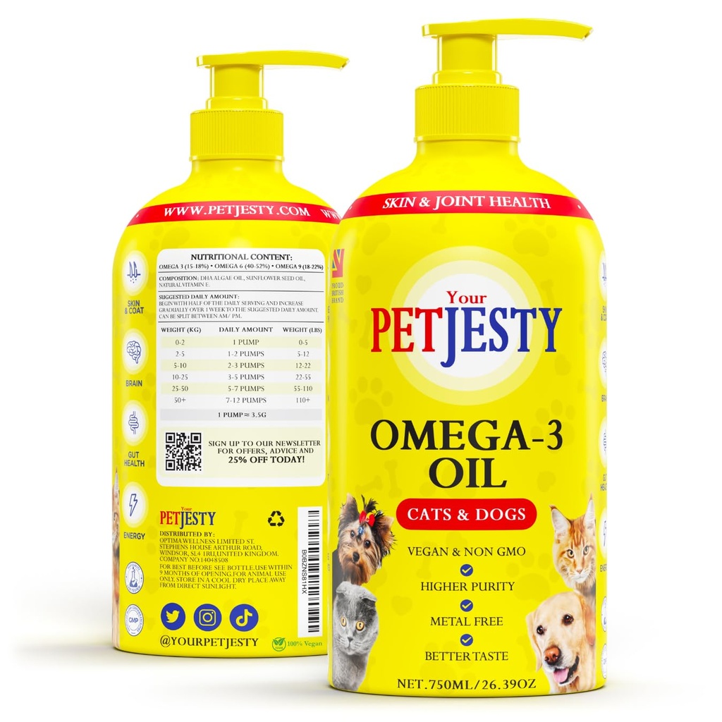 PetJesty 순수한 오메가 3 개 오일 & 고양이 26.39oz - 오메가 3 스킨 & 코트 지원 - 애완 동물을위한 액체 식품 보충 - 합동 기능, 면역 및 심장 건강, 비 물고기 기름 개 및 고양이를위한 Vegan 애완 동물 + DHA