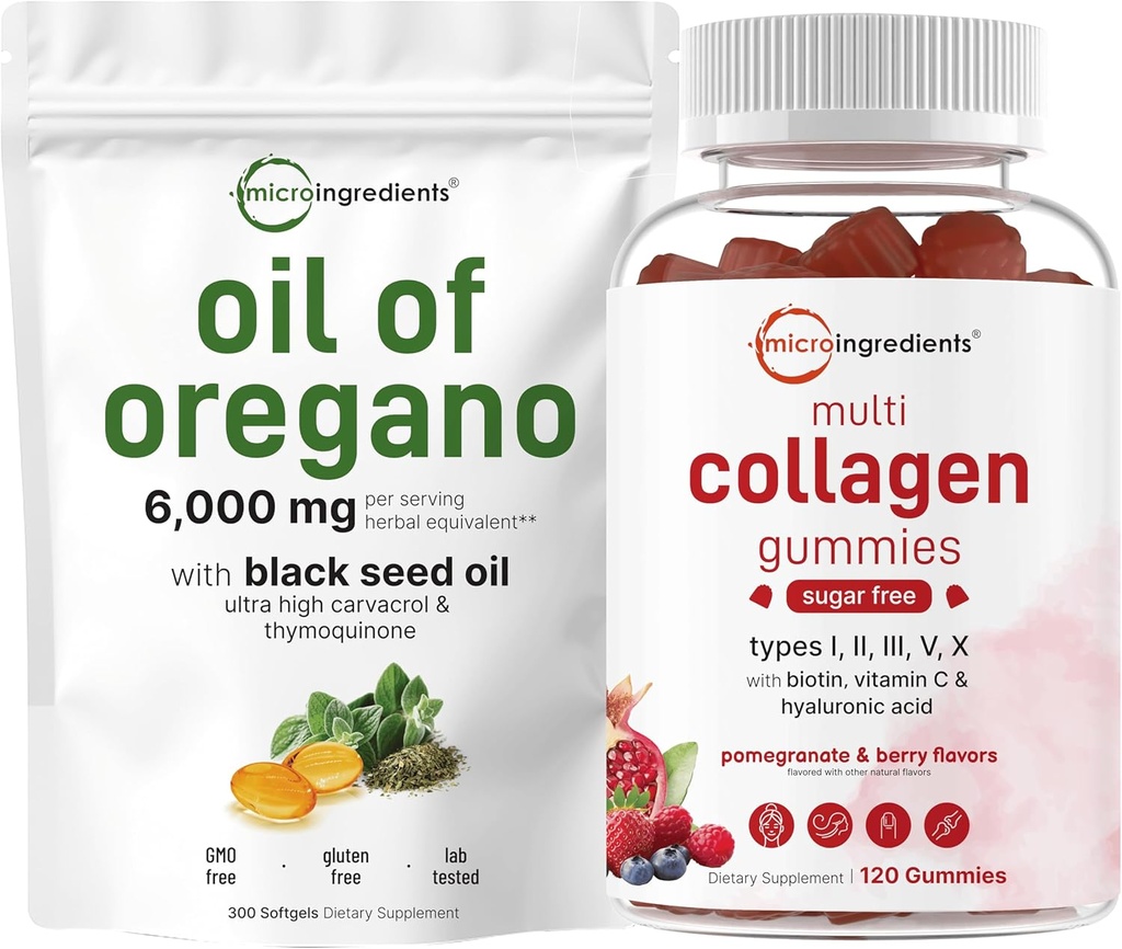 Oregano Softgels 6,000mg의 마이크로 성분 기름 서빙 & 다 교원질 펩티드 Gummies 뭉치 팩 | 4X 힘 Carvacrol & Thymoquinon | 유형 I, II, III, V, X 단백질