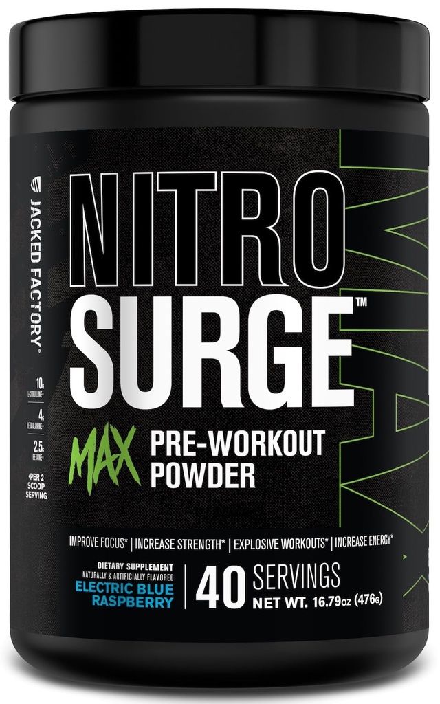 Jacked Factory Nitrosurge Max High Performance Pre Workout Powder - 강렬한 초점, 펌프, 부드러운 에너지, 내구시간을위한 사전 운동 w / Nootropic 재료 - 40 서빙, 전기 블루 라즈베리