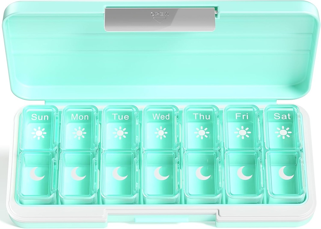 Zoksi Am Pm Pill 주최자 7 일, Weekly Pill Box 2 Times Day, 별도의 Compartment가있는 약 알약 주최자, 비타민, 생선 기름, 약 (녹색)을위한 여행 알약 케이스 디스펜서 휴대용