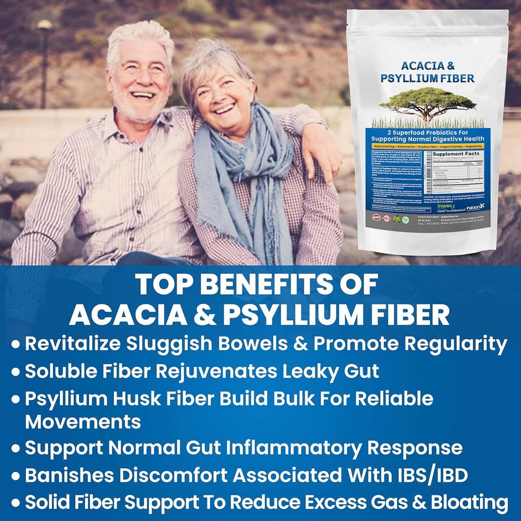 Kidney Restore Organic Acacia & Psyllium Husk Fiber Powder - Prebiotic & Natural Supplement - 수용성 Acacia & Psyllium Husk Powder - 1.5 파운드 (48oz), 2 팩