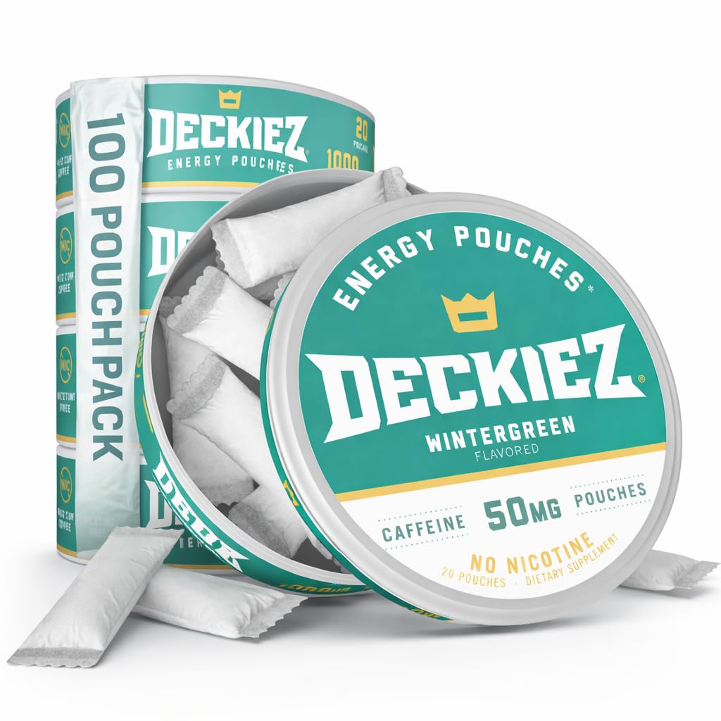 Deckiez 에너지 주머니, 5개의 깡통 (100 주머니), 설탕 자유로운 카페인 보충교재, 커피 주머니 & 에너지 음료 대안, 50mg 카페인 주머니, Wintergreen 풍미