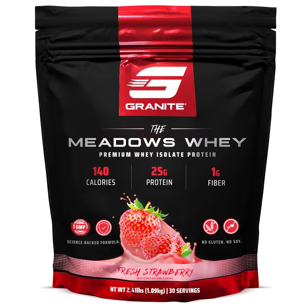 화강암은 150 칼로리, 2g 섬유, 1g 설탕 (30 서빙), 신선한 딸기 풍미를 가진 Lean 근육을 위한 Meadows Whey Protein Isolate Protein Powder를 보충합니다