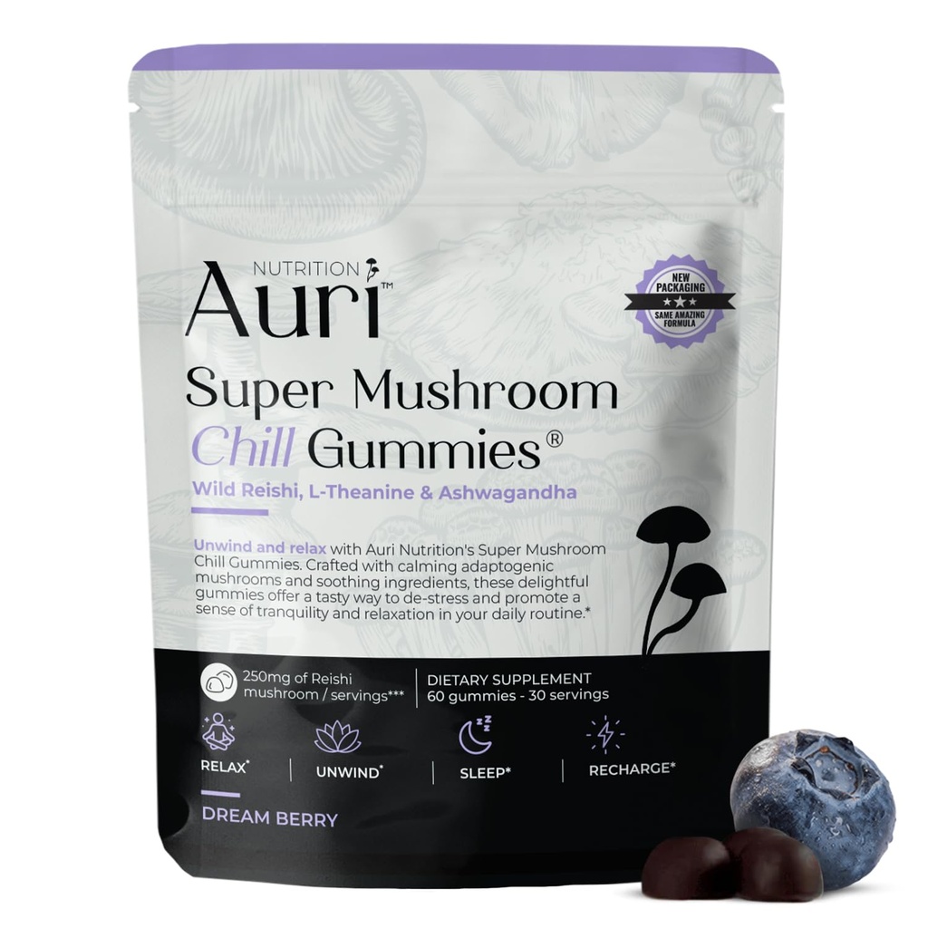 Auri Super Mushroom Chill Gummies - 성인 w / Reishi Mushroom, Ashwagandha, L-Theanine - Unwind Mind & Harmonize Your Day - 60 Calm Gummies에 대한 자연적인 Calming 보조 보충교재
