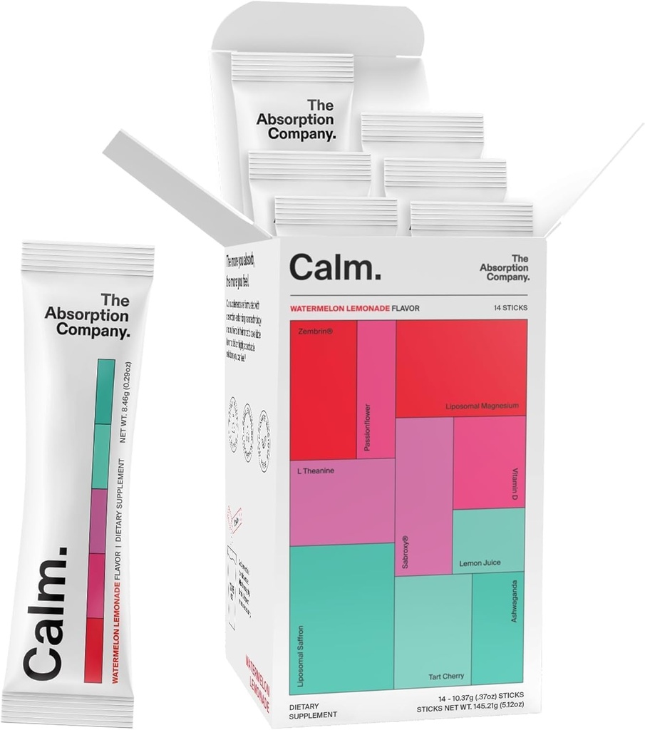Calm Drink Mix - Magnesium, Ashwagandha, L-Theanine, & Vitamin D와 휴식 보조 - 남성 및 여성을위한 Cortisol 규정 및 계류 지원 - 수박 레몬 맛 14 스틱