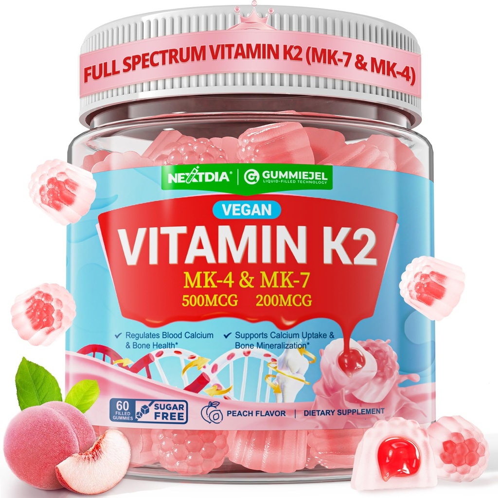 비타민 K2 Gummies MK-7 200 mcg & MK-4 여자 & 남자 설탕을 위한 500 mcg, Bone를 위한 완벽한 2-IN-1 가득 차있는 스펙트럼 비타민 K2 보충교재, He 예술, 승진시킵니다 칼슘 흡수, 뇌, 이, 면역, 1Pack