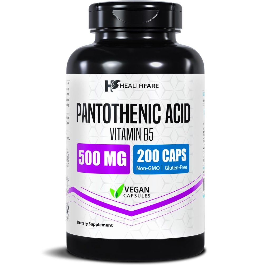 Healthfare Pantothenic Acid 500mg 비타민 B5 보충 | 200 Vegan 캡슐 | Extra Strength Energy & Metabolism Support | Non-GMO, 글루텐 프리 | 미국