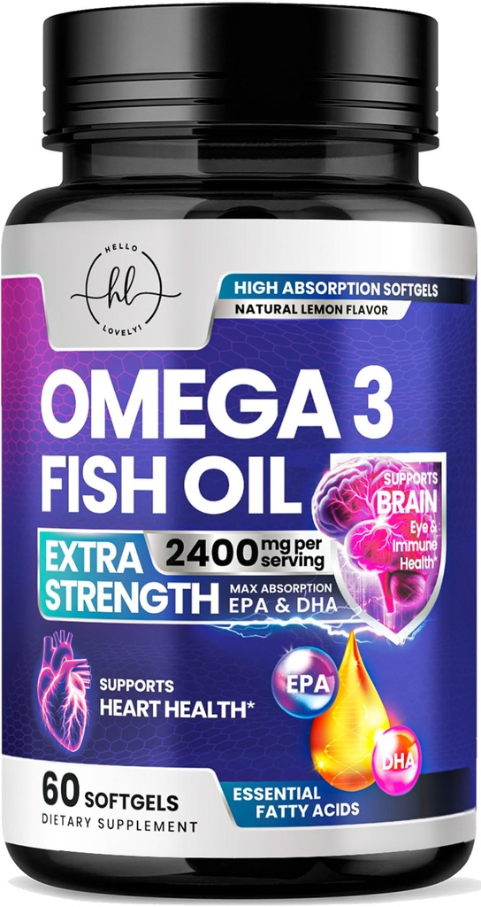 오메가 3 물고기 기름은 2400mg를 보충합니다 - 3배 힘 Omega 3 지방산, 자연적인 심장 건강 뇌 & 합동 지원 - EPA & DHA를 가진 지방산 - 야생 잡힌 물고기 기름 보충교재 - 60 Softgels