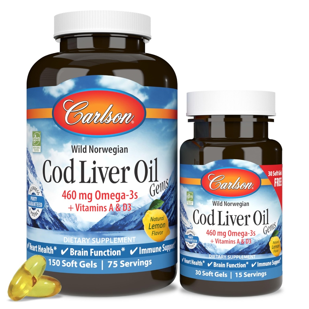 Carlson - Cod Liver Oil Gems, 460 mg Omega-3s, Plus Vitamins A 및 D3, Wild Caught Norwegian Arctic Cod, Sustainably Sourced Nordic Fish Oil Capsules, 레몬, 150 + 30 Softgels