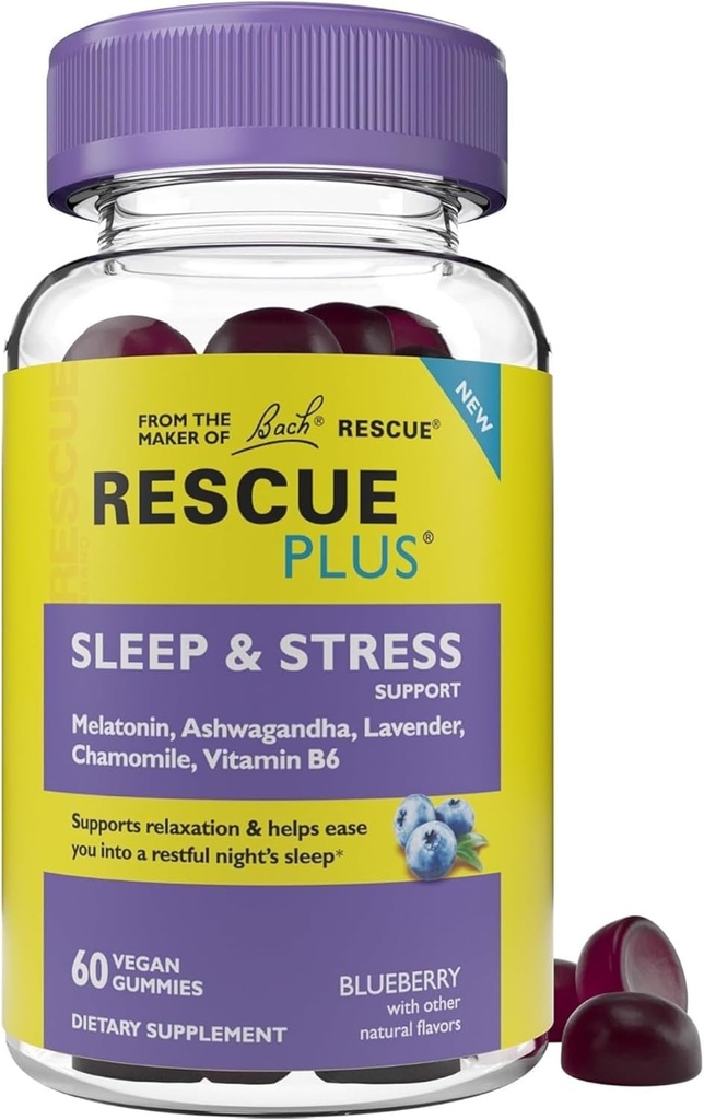 Bach RESCUE PLUS Sleep & Stress Support Gummies, 1mg Melatonin, Ashwagandha, Chamomile, Lavender & Vitamin B6, Natural Blueberry 풍미, Vegan & Gluten-Free, 60 카운트와 야간 다이어트 보충